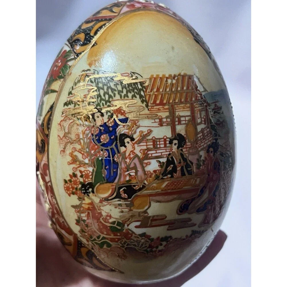 Vintage Japanese Handmade Egg-Shaped Vase Hand-Painted Geisha Scene Decorative A